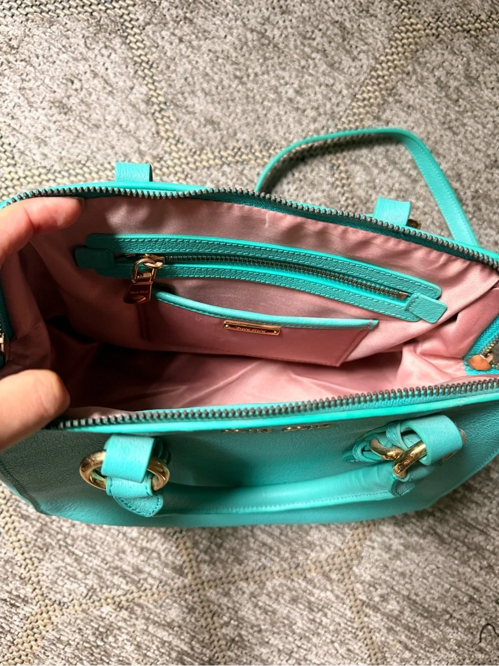 Miu Miu Turquoise Structured Leather Satchel with Gold Hardware